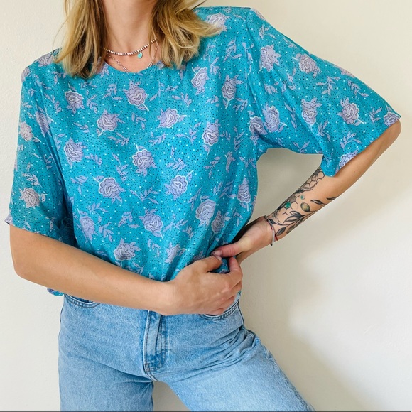 Vintage royal silk turquoise floral print polka dot blouse top - Picture 3 of 10
